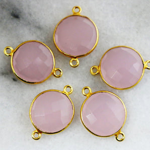 Gold Plated Faceted Rose Quartz Coin Connector, 18 mm (BZC-7293 ) - Beadspoint