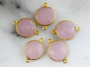 Gold Plated Faceted Rose Quartz Coin Connector, 18 mm (BZC-7293 ) - Beadspoint