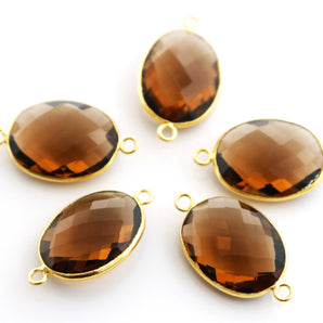 Gold Plated Faceted Whiskey Topaz Oval Connector, 16x20 mm (BZC-7337) - Beadspoint