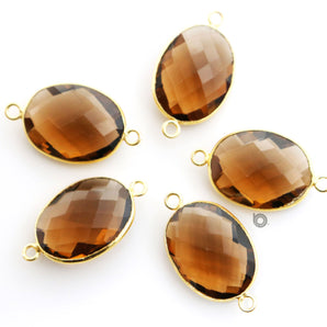 Gold Plated Faceted Whiskey Topaz Oval Connector,16x20 mm, (BZ-7337) - Beadspoint