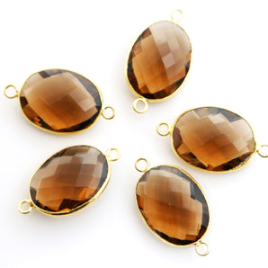 Gold Plated Faceted Whiskey Topaz Oval Connector, 16x20 mm (BZC-7337) - Beadspoint