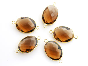 Gold Plated Faceted Whiskey Topaz Oval Connector, 16x20 mm (BZC-7337) - Beadspoint