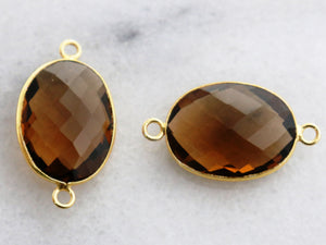 Gold Plated Faceted Whiskey Topaz Oval Connector, 16x20 mm (BZC-7337) - Beadspoint