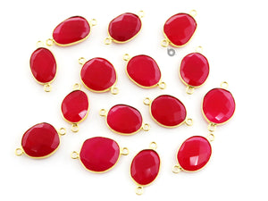Gold Plated Faceted Fushia Chalcedony Oval Connector, 13x16 mm, (BZC-7355) - Beadspoint