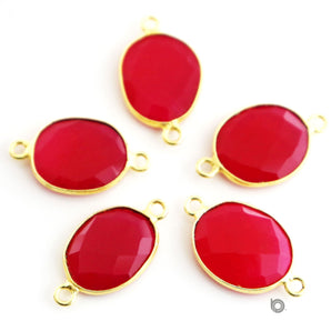 Gold Plated Faceted Fushia Chalcedony Oval Connector, 13x16 mm, (BZC-7355) - Beadspoint