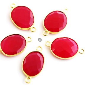 Gold Plated Faceted Fushia Chalcedony Oval Connector, 13x16 mm, (BZC-7355) - Beadspoint