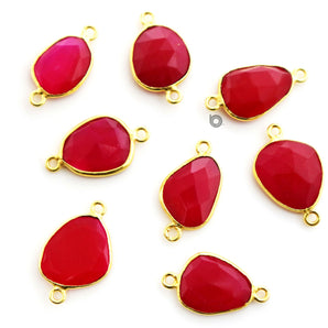 Gold Plated Faceted Fushia Chalcedony Freeform Oval Connector, 10x13 mm, (BZC-A-7355) - Beadspoint