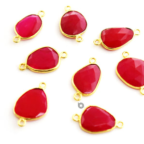 Gold Plated Faceted Fushia Chalcedony Freeform Oval Connector, 10x13 mm, (BZC-A-7355) - Beadspoint