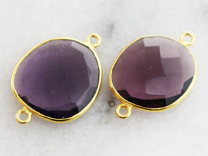 Gold Plated Faceted Amethyst Freeform  Oval Connector, 14x9 mm, (BZC-7361-B) - Beadspoint