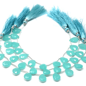 Aqua Chalcedony Faceted Pear Drops, 10x14 mm, Rich Color, Chalcedony Gemstone Beads, (CLAQ-PR-10x14)(142)