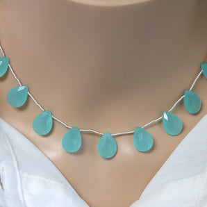 Aqua Chalcedony Faceted Pear Drops, 10x14 mm, Rich Color, Chalcedony Gemstone Beads, (CLAQ-PR-10x14)(142)