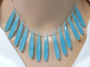 Aqua Chalcedony Faceted Long Thin Pencil Drops, 8x48 mm, Rich Color, Chalcedony Gemstone Beads, (CLAQ-PEN-8x48)(143)