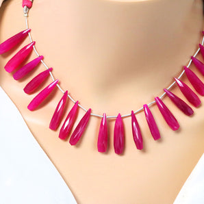 Fuchsia Pink Chalcedony Faceted Long Thin Pencil Drops, 7x25 mm, Rich Color, Chalcedony Gemstone Beads, (CLFP-PEN-7x25)(154)