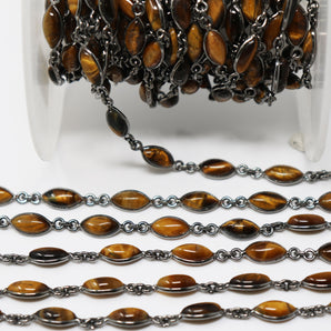 Tiger Eye Marquise Faceted Bezel Chain, (BC-TGR-199) - Beadspoint