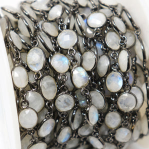 Rainbow Moonstone Oval/Coin Faceted Bezel Chain, (BC-RNB-217) - Beadspoint