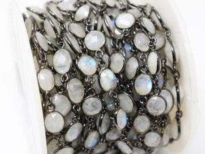 Rainbow Moonstone Oval/Coin Faceted Bezel Chain, (BC-RNB-217) - Beadspoint