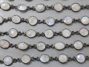 Rainbow Moonstone Oval/Coin Faceted Bezel Chain, (BC-RNB-217) - Beadspoint
