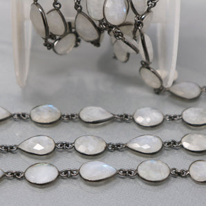 Rainbow Moonstone Oval /Pear Faceted Bezel Chain, (BC-RNB-216) - Beadspoint