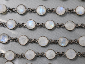 Rainbow Moonstone Faceted Coin Bezel Chain, (BC-RNB-222) - Beadspoint