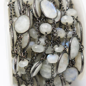 Rainbow Moonstone Oval and Roundel Faceted Bezel Chain, (BC-RNB-228) - Beadspoint