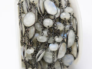 Rainbow Moonstone Oval and Roundel Faceted Bezel Chain, (BC-RNB-228) - Beadspoint