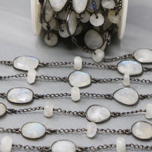 Rainbow Moonstone Oval and Roundel Faceted Bezel Chain, (BC-RNB-228) - Beadspoint