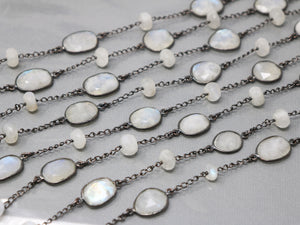 Rainbow Moonstone Oval and Roundel Faceted Bezel Chain, (BC-RNB-228) - Beadspoint