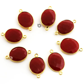 Gold Plated Faceted Red Coral Oval Connector, 15x17 mm, (BZC-7367) - Beadspoint