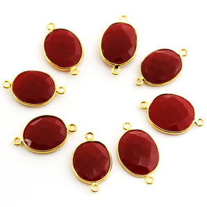 Gold Plated Faceted Red Coral Oval Connector, 15x17 mm (BZC-7367) - Beadspoint