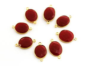 Gold Plated Faceted Red Coral Oval Connector, 15x17 mm (BZC-7367) - Beadspoint