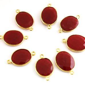 Gold Plated Faceted Red Coral Oval Connector, 15x17 mm (BZC-7367) - Beadspoint