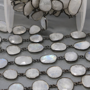 Rainbow Moonstone Oval Faceted Bezel Chain, (BC-RNB-225) - Beadspoint