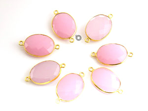 Gold Plated Faceted Rose Quartz Oval Connector, 16x21 mm, (BZC-7370) - Beadspoint