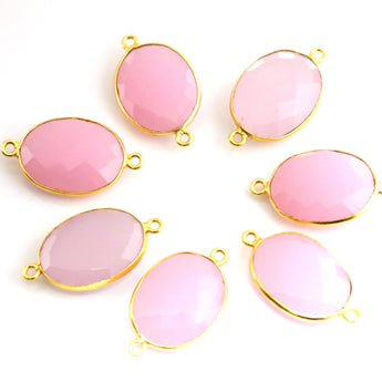 Gold Plated Faceted Rose Quartz Oval Connector, 16x21 mm (BZC-7370) - Beadspoint