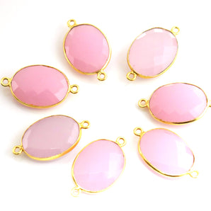 Gold Plated Faceted Rose Quartz Oval Connector, 16x21 mm (BZC-7370) - Beadspoint