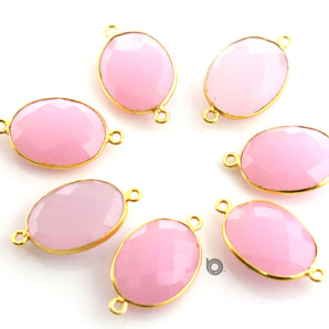 Gold Plated Faceted Rose Quartz Oval Connector, 16x21 mm, (BZC-7370) - Beadspoint