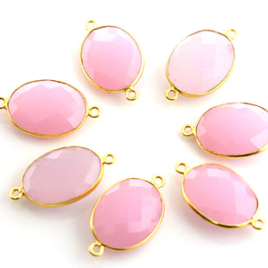 Gold Plated Faceted Rose Quartz Oval Connector, 16x21 mm (BZC-7370) - Beadspoint