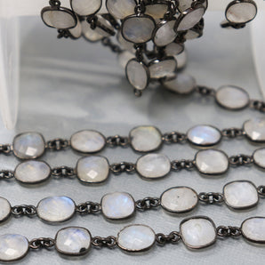 Rainbow Moonstone Square/Oval Faceted Bezel Chain, (BC-RNB-230) - Beadspoint