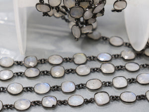 Rainbow Moonstone Square/Oval Faceted Bezel Chain, (BC-RNB-230) - Beadspoint