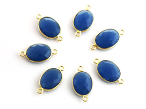 Gold Plated Faceted Sapphire Chalcedony Oval Connector, 12x15 mm (BZC-7371) - Beadspoint
