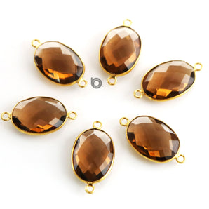 Gold Plated Faceted Whishky Topaz Oval Connector, 12x15 mm, (BZC-7372) - Beadspoint