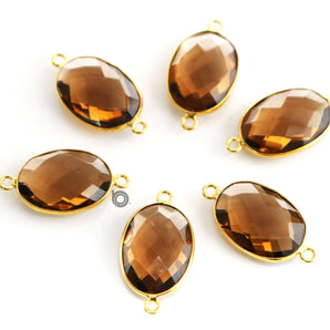 Gold Plated Faceted Whishky Topaz Oval Connector, 12x15 mm, (BZC-7372) - Beadspoint