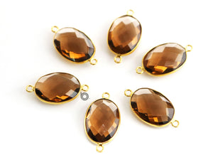 Gold Plated Faceted Whishky Topaz Oval Connector, 12x15 mm, (BZC-7372) - Beadspoint