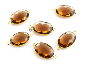 Gold Plated Faceted Whishky Topaz Oval Connector, 12x15 mm, (BZC-7372) - Beadspoint