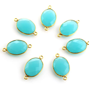 Gold Plated Faceted Aqua Chalcedony Oval Connector, 13x17mm (BZC-7373) - Beadspoint