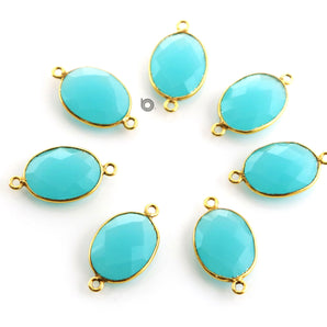 Gold Plated Faceted Aqua Chalcedony Oval Connector, 13x17mm, (BZC-7373) - Beadspoint