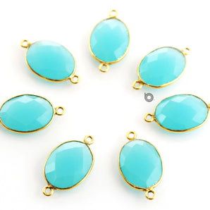 Gold Plated Faceted Aqua Chalcedony Oval Connector, 13x17mm, (BZC-7373) - Beadspoint