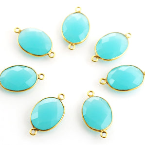 Gold Plated Faceted Aqua Chalcedony Oval Connector, 13x17mm (BZC-7373) - Beadspoint