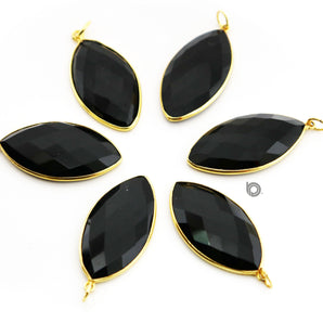 Gold Plated Faceted Black Onyx Marquise Bezel, 36x19 mm, (BZC-7446) - Beadspoint