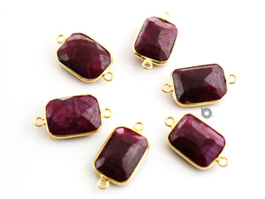 Gold Plated Faceted Dyed Ruby Rectangle Connector, 13x17 mm, (BZC-7485-A) - Beadspoint